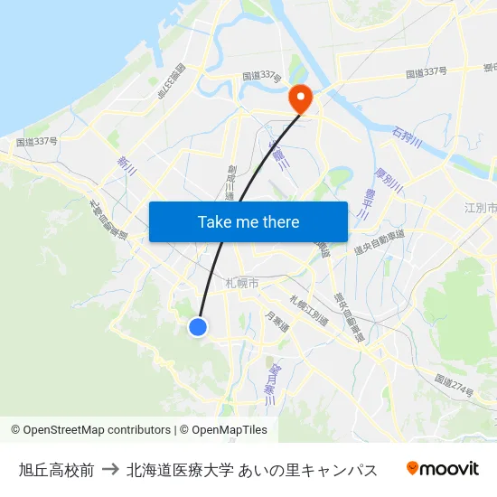 旭丘高校前 to 北海道医療大学 あいの里キャンパス map