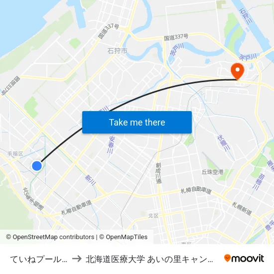 ていねプール前 to 北海道医療大学 あいの里キャンパス map