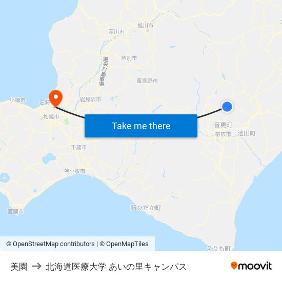 美園 to 北海道医療大学 あいの里キャンパス map