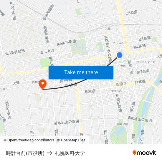 時計台前(市役所) to 札幌医科大学 map