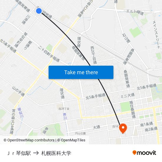 Ｊｒ琴似駅 to 札幌医科大学 map