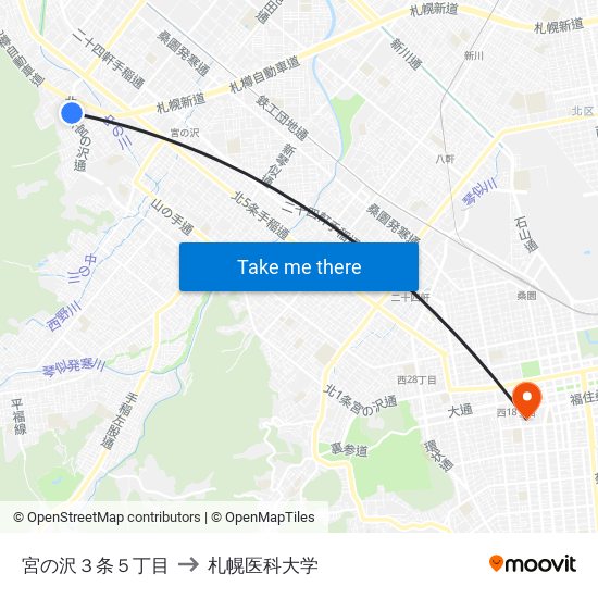 宮の沢３条５丁目 to 札幌医科大学 map