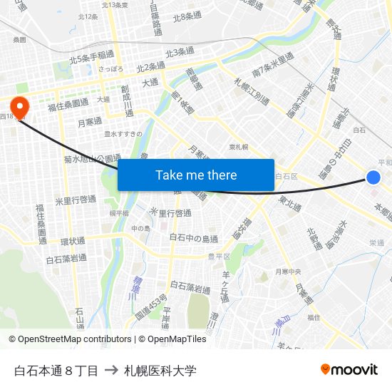 白石本通８丁目 to 札幌医科大学 map