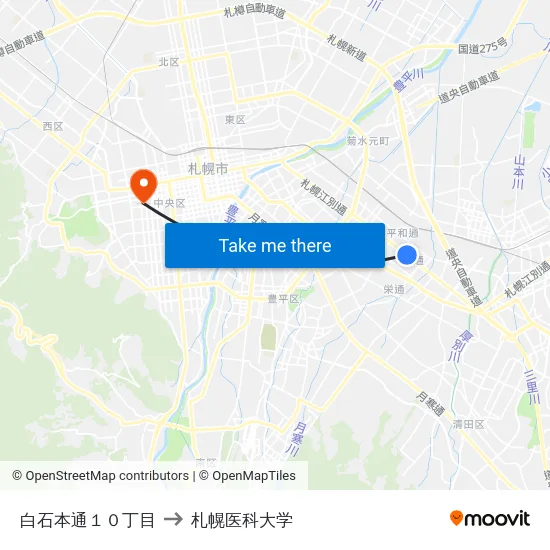白石本通１０丁目 to 札幌医科大学 map