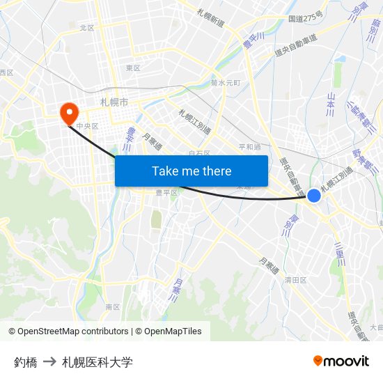 釣橋 to 札幌医科大学 map