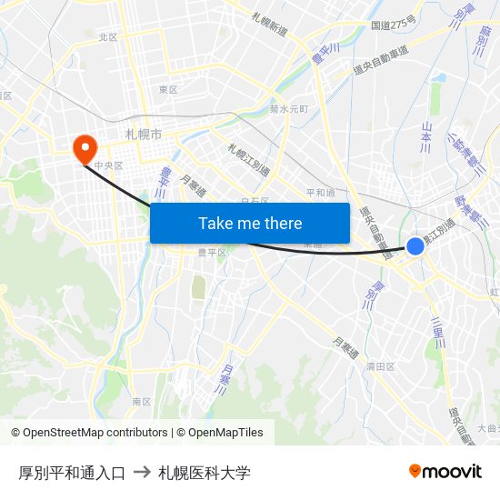 厚別平和通入口 to 札幌医科大学 map