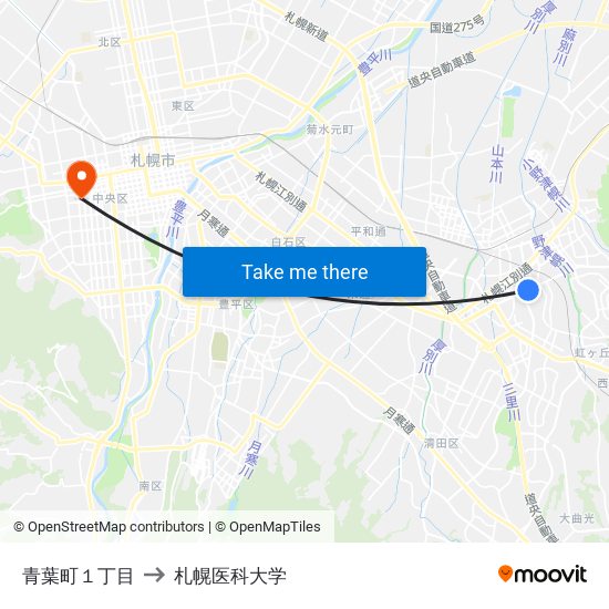 青葉町１丁目 to 札幌医科大学 map