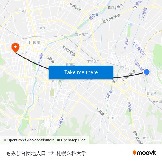 もみじ台団地入口 to 札幌医科大学 map