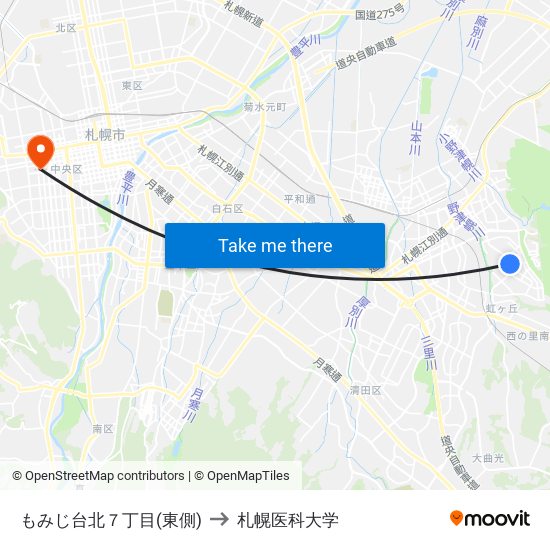 もみじ台北７丁目(東側) to 札幌医科大学 map