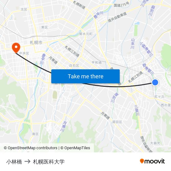 小林橋 to 札幌医科大学 map