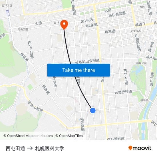 西屯田通 to 札幌医科大学 map