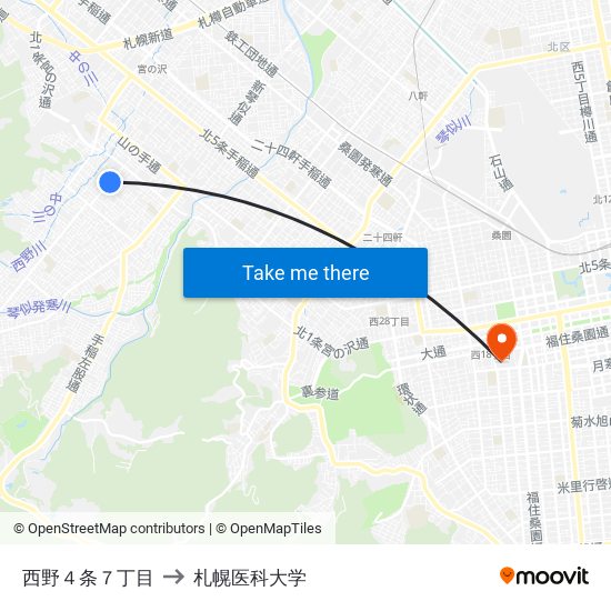 西野４条７丁目 to 札幌医科大学 map