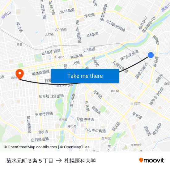 菊水元町３条５丁目 to 札幌医科大学 map