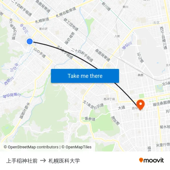 上手稲神社前 to 札幌医科大学 map
