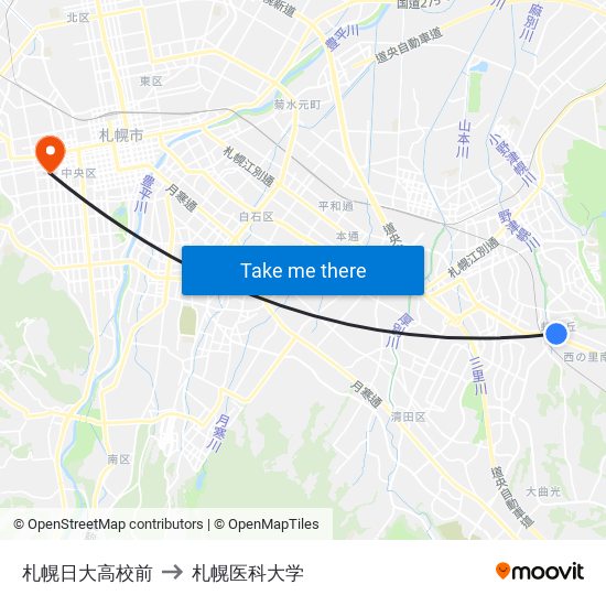 札幌日大高校前 to 札幌医科大学 map