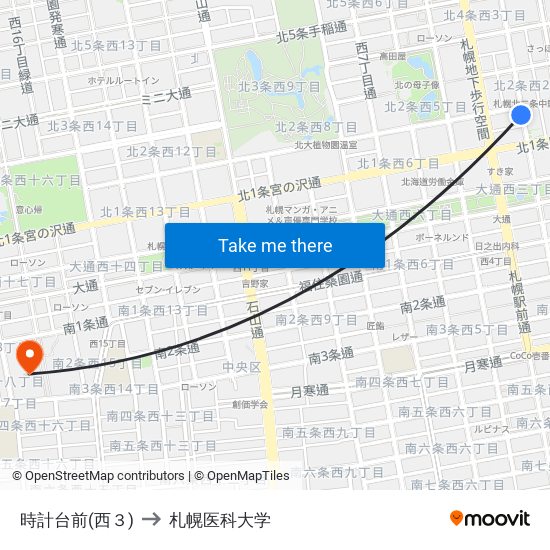 時計台前(西３) to 札幌医科大学 map