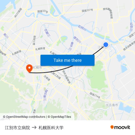 江別市立病院 to 札幌医科大学 map