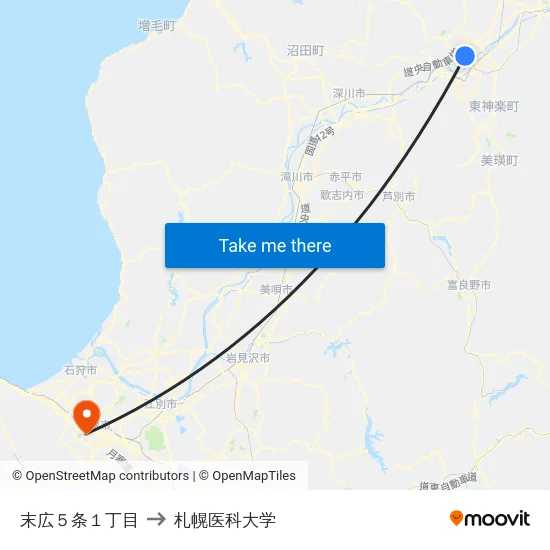 末広５条１丁目 to 札幌医科大学 map