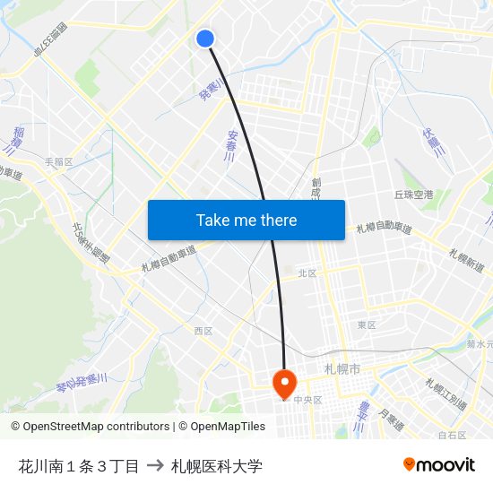花川南１条３丁目 to 札幌医科大学 map