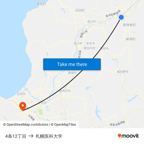 4条12丁目 to 札幌医科大学 map