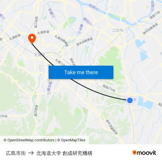 広島市街 to 北海道大学 創成研究機構 map