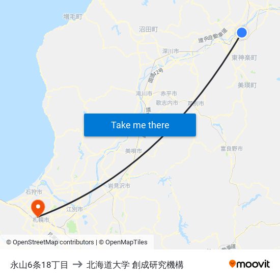 永山6条18丁目 to 北海道大学 創成研究機構 map