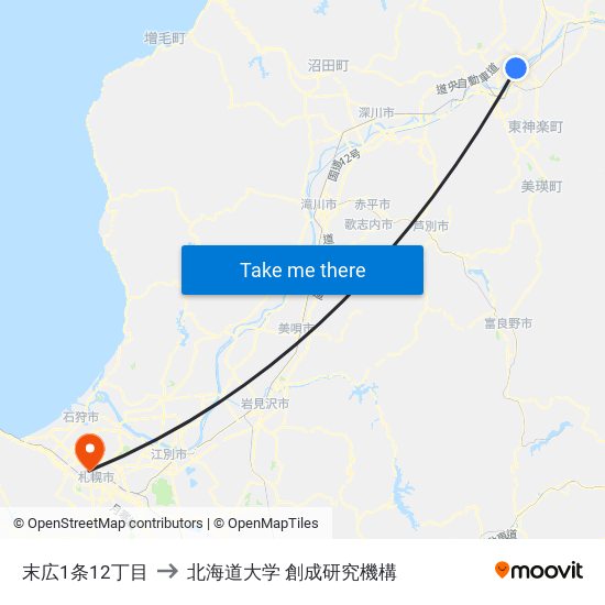 末広1条12丁目 to 北海道大学 創成研究機構 map