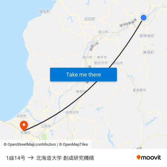 1線14号 to 北海道大学 創成研究機構 map