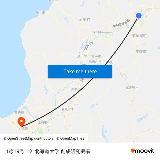 1線19号 to 北海道大学 創成研究機構 map