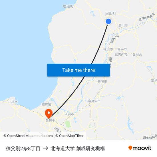 秩父別2条8丁目 to 北海道大学 創成研究機構 map