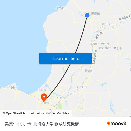 美葉牛中央 to 北海道大学 創成研究機構 map