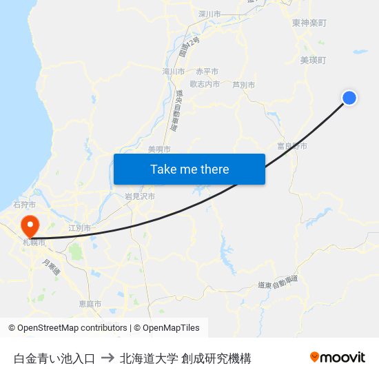 白金青い池入口 to 北海道大学 創成研究機構 map