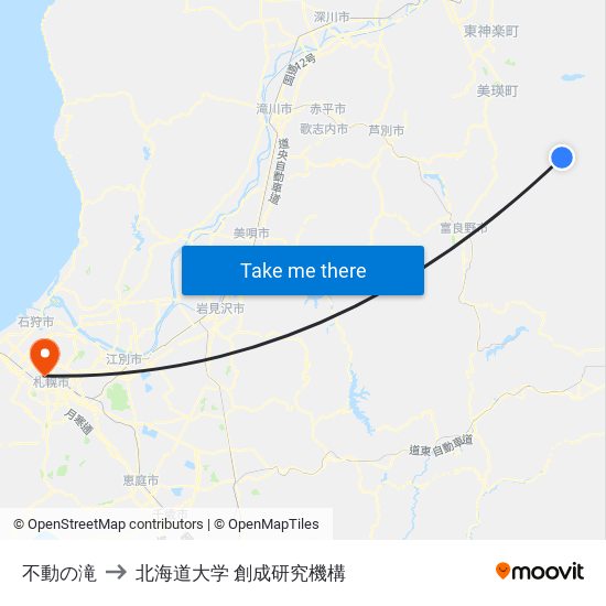 不動の滝 to 北海道大学 創成研究機構 map