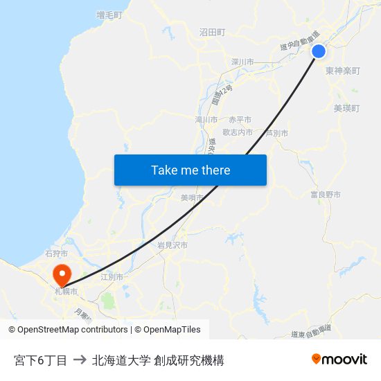 宮下6丁目 to 北海道大学 創成研究機構 map
