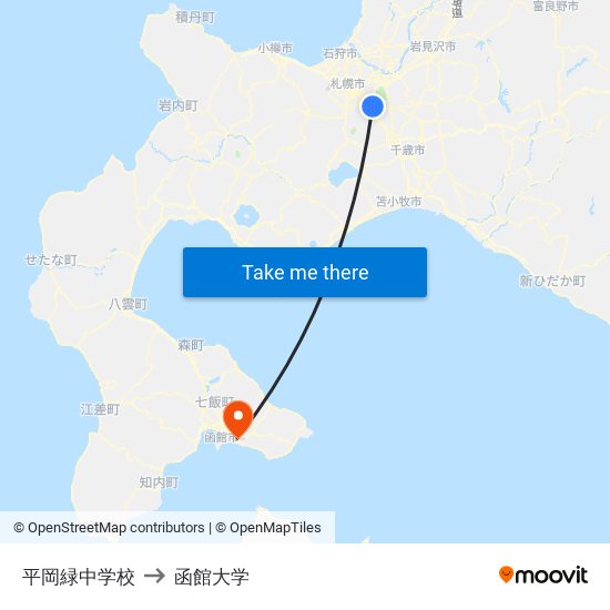 平岡緑中学校 to 函館大学 map