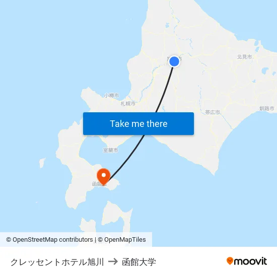 クレッセントホテル旭川 to 函館大学 map