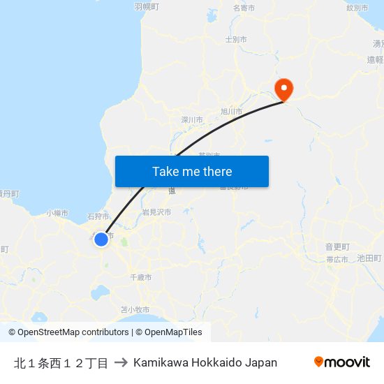 北１条西１２丁目 to Kamikawa Hokkaido Japan map