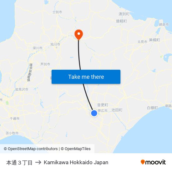 本通３丁目 to Kamikawa Hokkaido Japan map