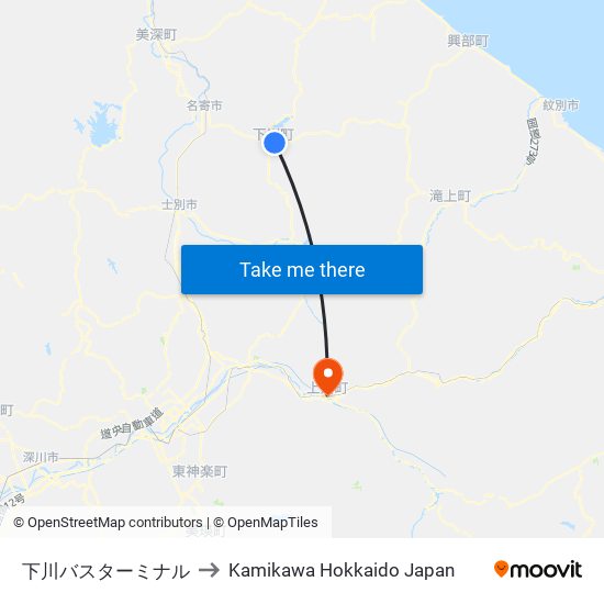 下川バスターミナル to Kamikawa Hokkaido Japan map