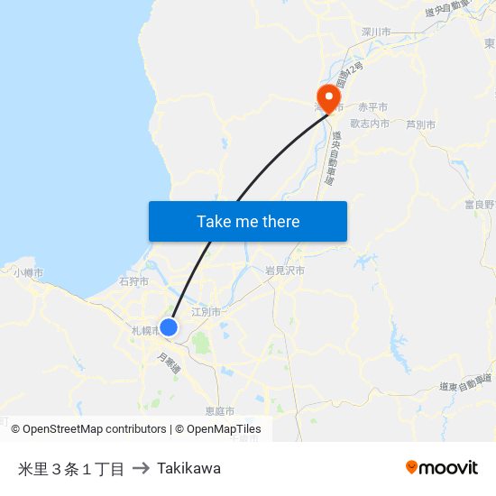 米里３条１丁目 to Takikawa map