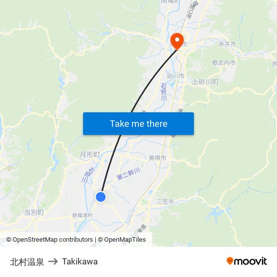 北村温泉 to Takikawa map