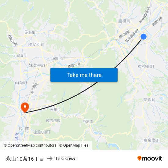 永山10条16丁目 to Takikawa map