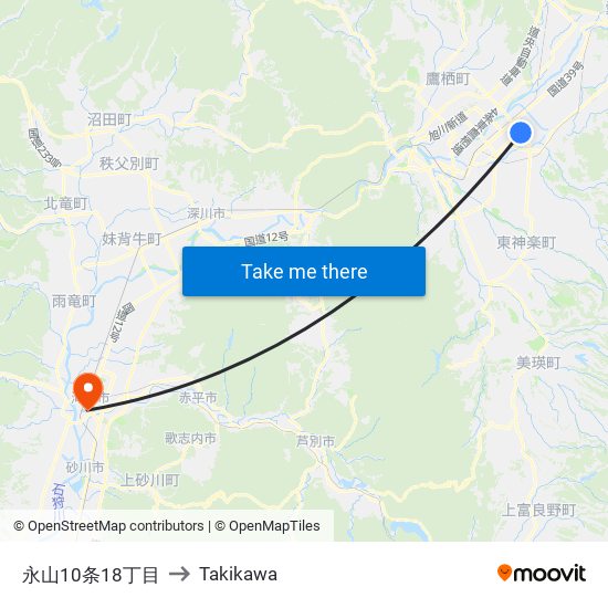 永山10条18丁目 to Takikawa map