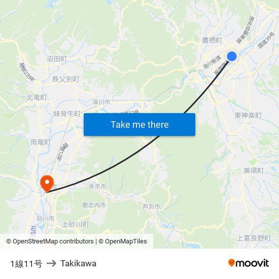 1線11号 to Takikawa map