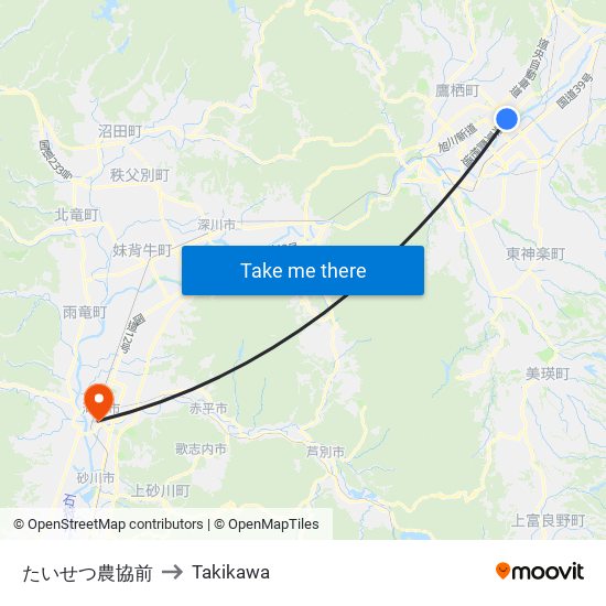 たいせつ農協前 to Takikawa map