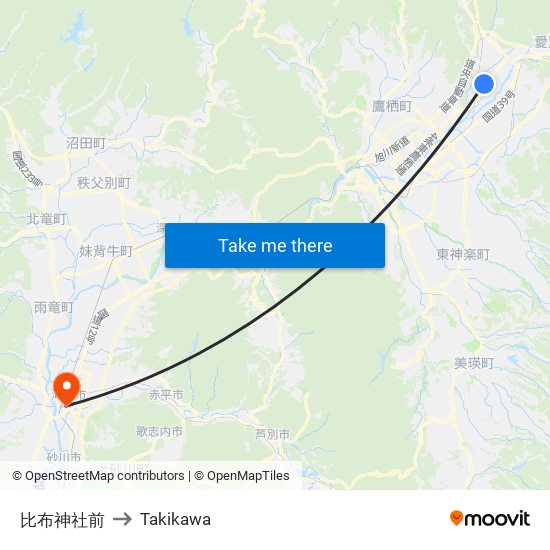 比布神社前 to Takikawa map