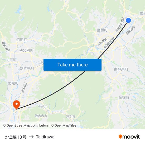 北2線10号 to Takikawa map