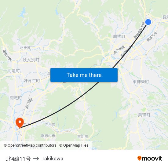 北4線11号 to Takikawa map