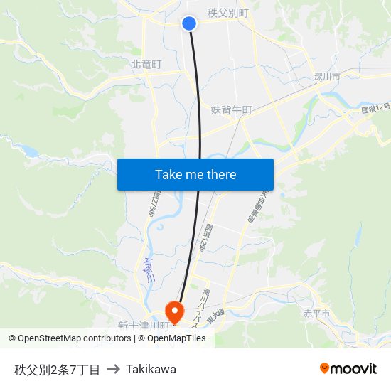 秩父別2条7丁目 to Takikawa map