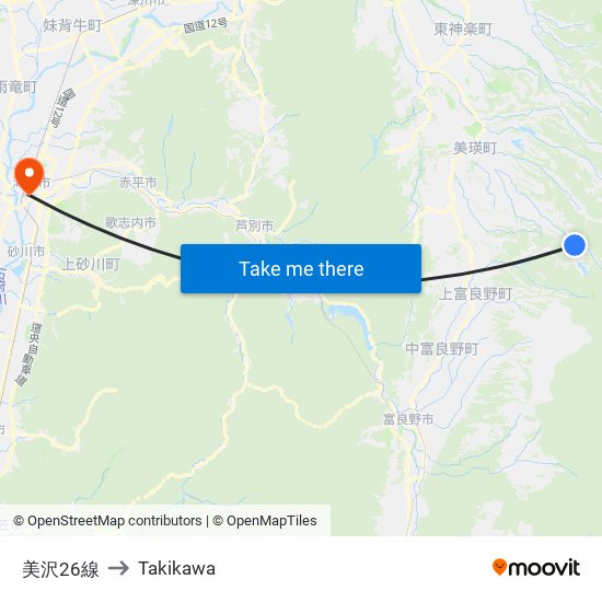 美沢26線 to Takikawa map